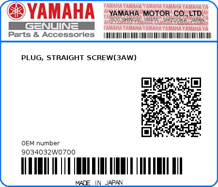 Product image: Yamaha - 9034032W0700 - PLUG, STRAIGHT SCREW(3AW) 