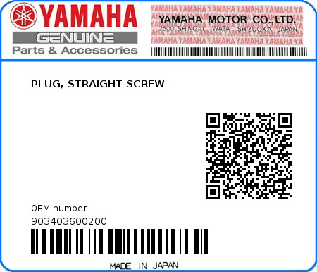 Product image: Yamaha - 903403600200 - PLUG, STRAIGHT SCREW 