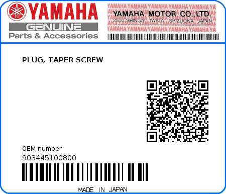 Product image: Yamaha - 903445100800 - PLUG, TAPER SCREW 