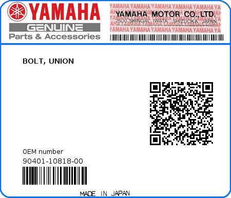 Product image: Yamaha - 90401-10818-00 - BOLT, UNION 