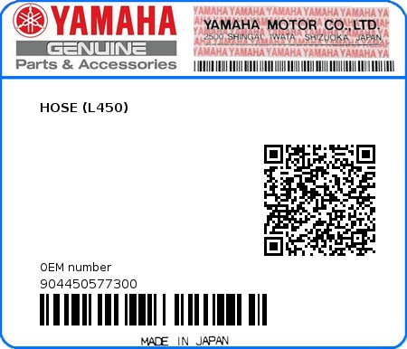 Product image: Yamaha - 904450577300 - HOSE (L450)  0