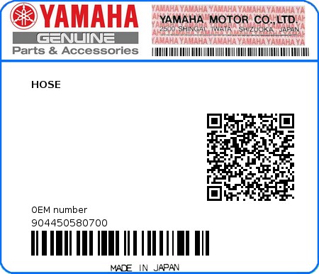 Product image: Yamaha - 904450580700 - HOSE 