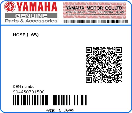 Product image: Yamaha - 904450701500 - HOSE (L65) 