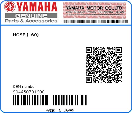 Product image: Yamaha - 904450701600 - HOSE (L60)  0