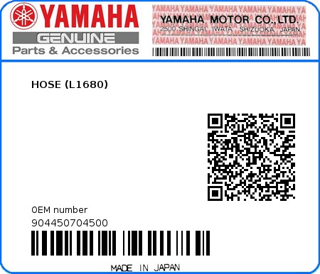 Product image: Yamaha - 904450704500 - HOSE (L1680) 