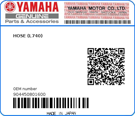Product image: Yamaha - 904450801600 - HOSE (L740)  0