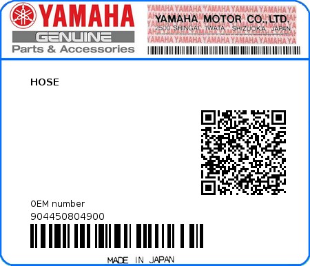 Product image: Yamaha - 904450804900 - HOSE 