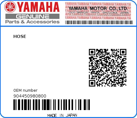 Product image: Yamaha - 904450980800 - HOSE 