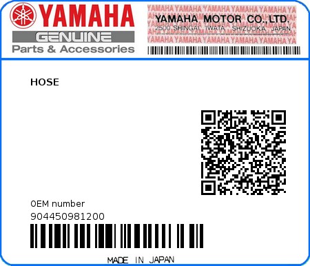 Product image: Yamaha - 904450981200 - HOSE 