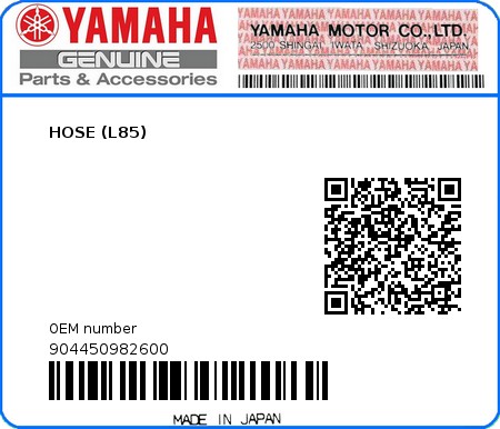 Product image: Yamaha - 904450982600 - HOSE (L85)  0