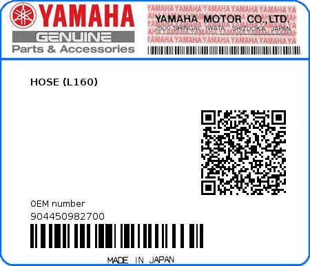 Product image: Yamaha - 904450982700 - HOSE (L160) 