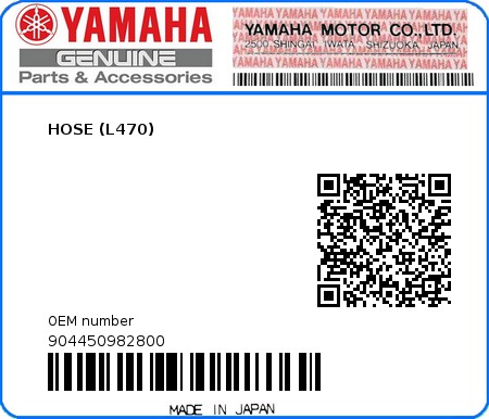 Product image: Yamaha - 904450982800 - HOSE (L470)  0