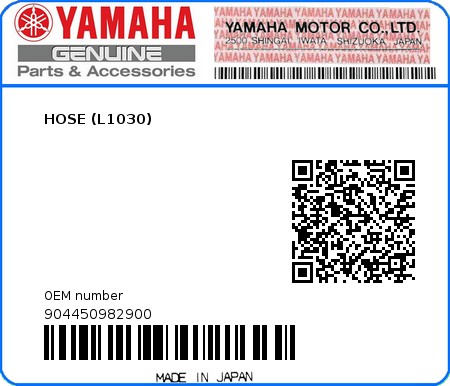 Product image: Yamaha - 904450982900 - HOSE (L1030)  0