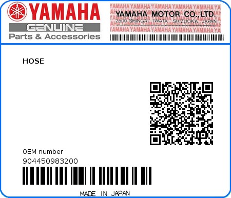 Product image: Yamaha - 904450983200 - HOSE  0