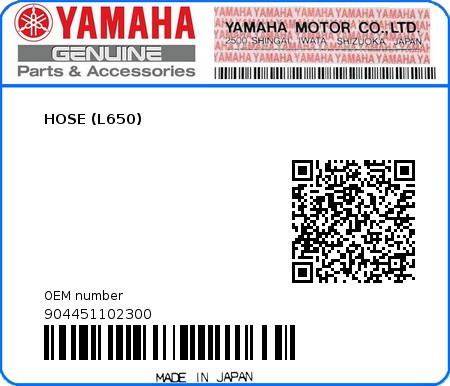 Product image: Yamaha - 904451102300 - HOSE (L650) 