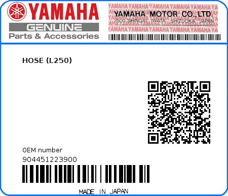 Product image: Yamaha - 904451223900 - HOSE (L250) 