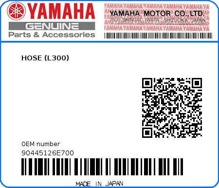 Product image: Yamaha - 90445126E700 - HOSE (L300)  0