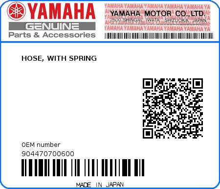 Product image: Yamaha - 904470700600 - HOSE, WITH SPRING  0