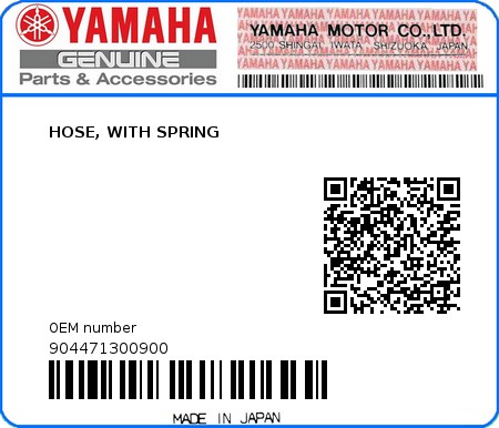 Product image: Yamaha - 904471300900 - HOSE, WITH SPRING 