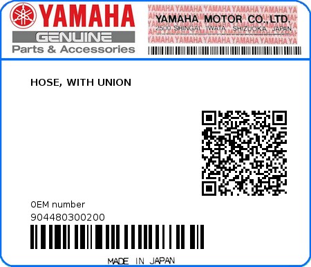 Product image: Yamaha - 904480300200 - HOSE, WITH UNION 