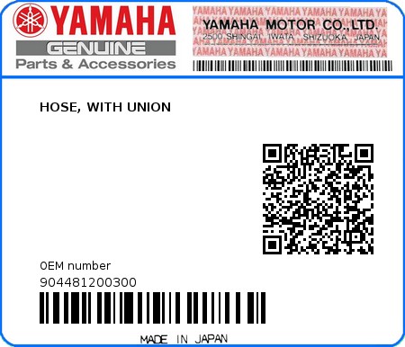 Product image: Yamaha - 904481200300 - HOSE, WITH UNION  0