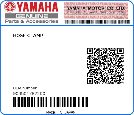 Product image: Yamaha - 904501782200 - HOSE CLAMP   0