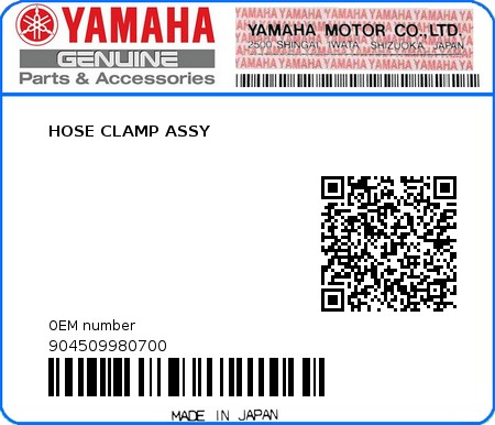 Product image: Yamaha - 904509980700 - HOSE CLAMP ASSY  0