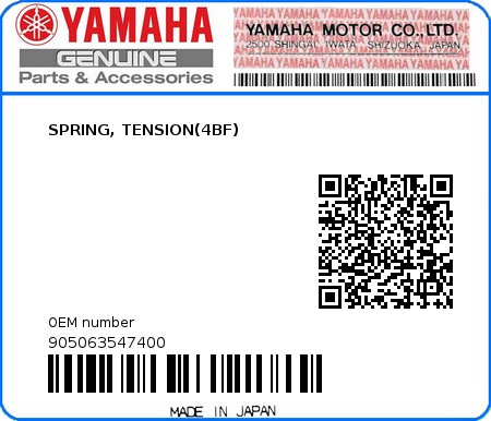Product image: Yamaha - 905063547400 - SPRING, TENSION(4BF)  0