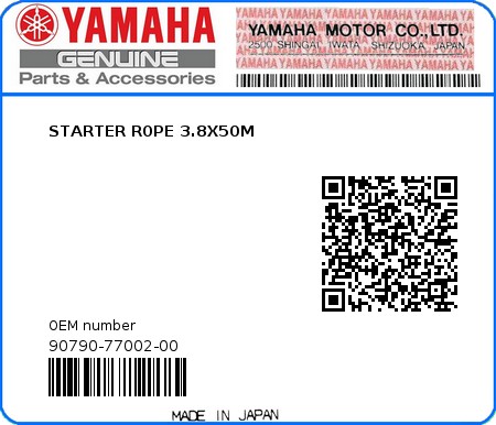 Product image: Yamaha - 90790-77002-00 - STARTER R0PE 3.8X50M 