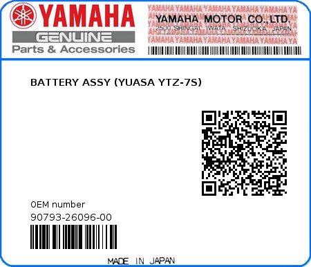 Product image: Yamaha - 90793-26096-00 - BATTERY ASSY (YUASA YTZ-7S) 