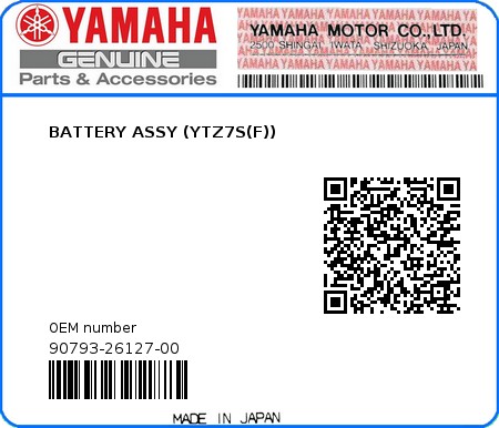 Product image: Yamaha - 90793-26127-00 - BATTERY ASSY (YTZ7S(F)) 