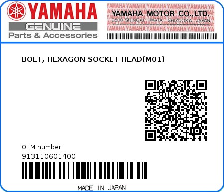 Product image: Yamaha - 913110601400 - BOLT, HEXAGON SOCKET HEAD(M01) 