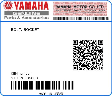 Product image: Yamaha - 913120806000 - BOLT, SOCKET 