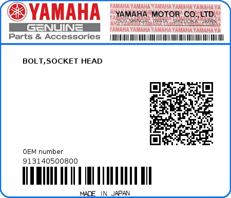 Product image: Yamaha - 913140500800 - BOLT,SOCKET HEAD  0