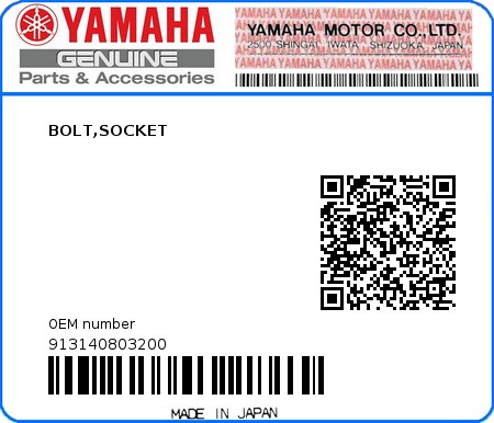 Product image: Yamaha - 913140803200 - BOLT,SOCKET  0