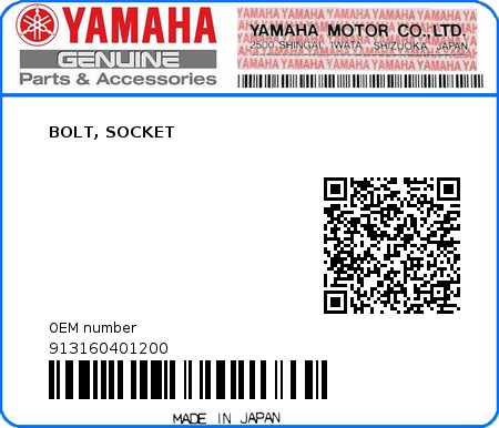 Product image: Yamaha - 913160401200 - BOLT, SOCKET  0