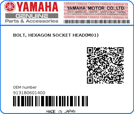 Product image: Yamaha - 913180601400 - BOLT, HEXAGON SOCKET HEAD(M01)  0