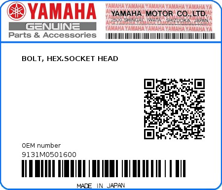 Product image: Yamaha - 9131M0501600 - BOLT, HEX.SOCKET HEAD  