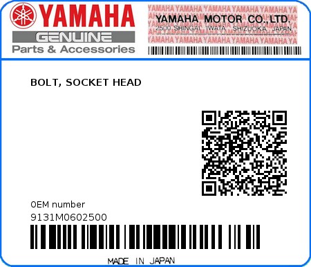 Product image: Yamaha - 9131M0602500 - BOLT, SOCKET HEAD   0