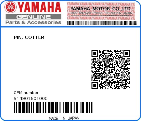 Product image: Yamaha - 914901601000 - PIN, COTTER 