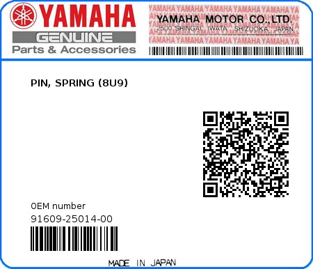 Product image: Yamaha - 91609-25014-00 - PIN, SPRING (8U9)  0