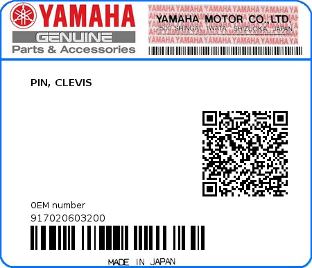 Product image: Yamaha - 917020603200 - PIN, CLEVIS  0