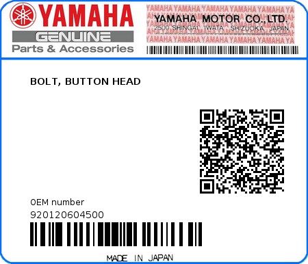 Product image: Yamaha - 920120604500 - BOLT, BUTTON HEAD 