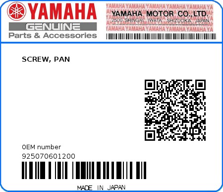 Product image: Yamaha - 925070601200 - SCREW, PAN 