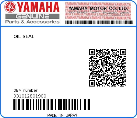 Product image: Yamaha - 931012801900 - OIL SEAL 