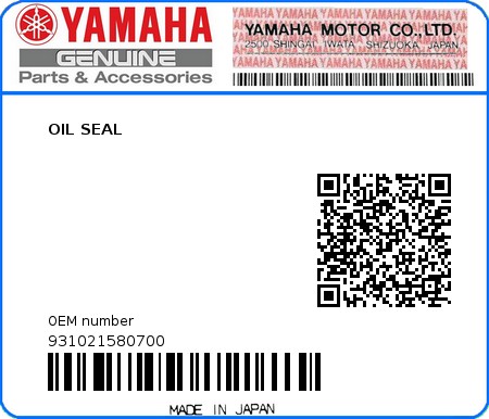 Product image: Yamaha - 931021580700 - OIL SEAL 