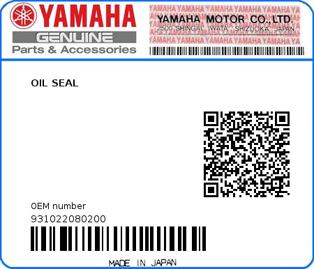 Product image: Yamaha - 931022080200 - OIL SEAL 