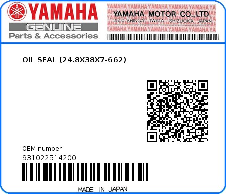 Product image: Yamaha - 931022514200 - OIL SEAL (24.8X38X7-662) 