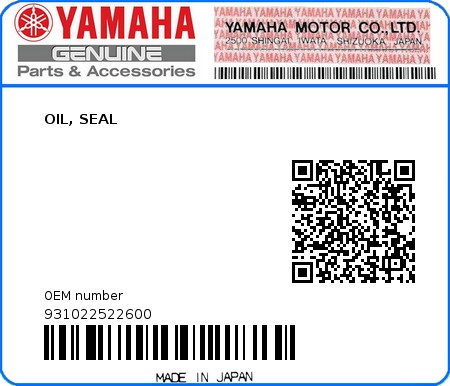 Product image: Yamaha - 931022522600 - OIL, SEAL   0