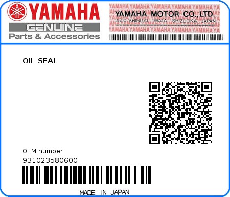 Product image: Yamaha - 931023580600 - OIL SEAL  0